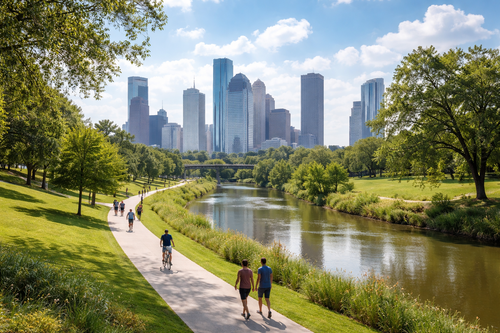 Houston skyline view from Buffalo Bayou Park with cyclists on trail